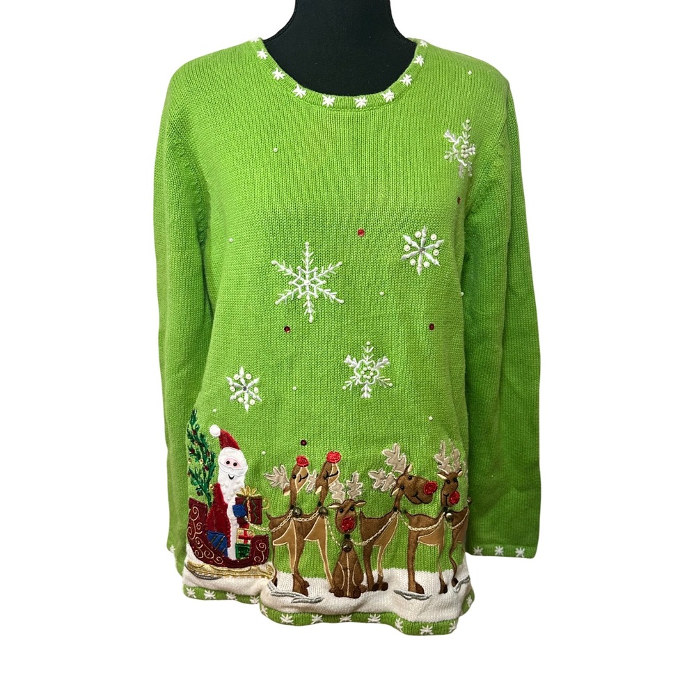 Quacker Factory Green Light Up Santa Reindeer Ugly Christmas Sweater Womens M